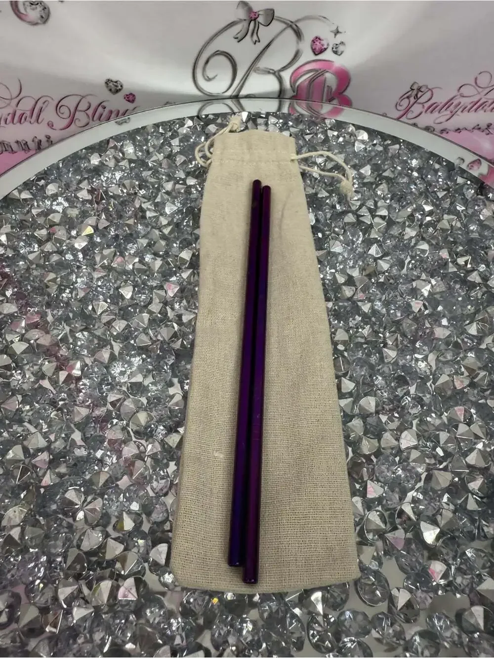 Set of 2 reusable straws metal Purple Metal Reusable Straws with Carry Pouch